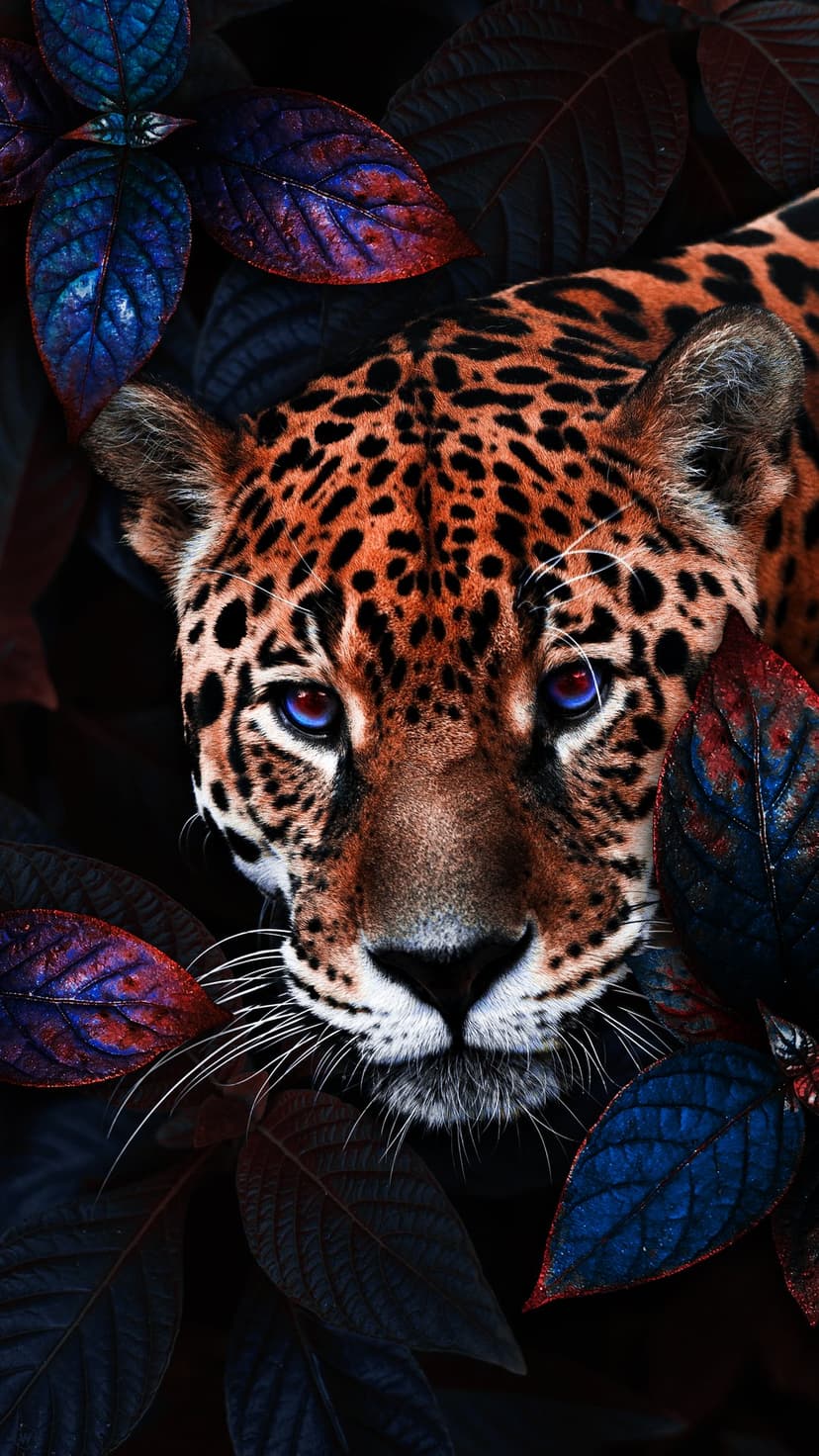 Jaguar with bright blue eyes stares from dark shadows surrounded by navy and red leaves in a close-up portrait.