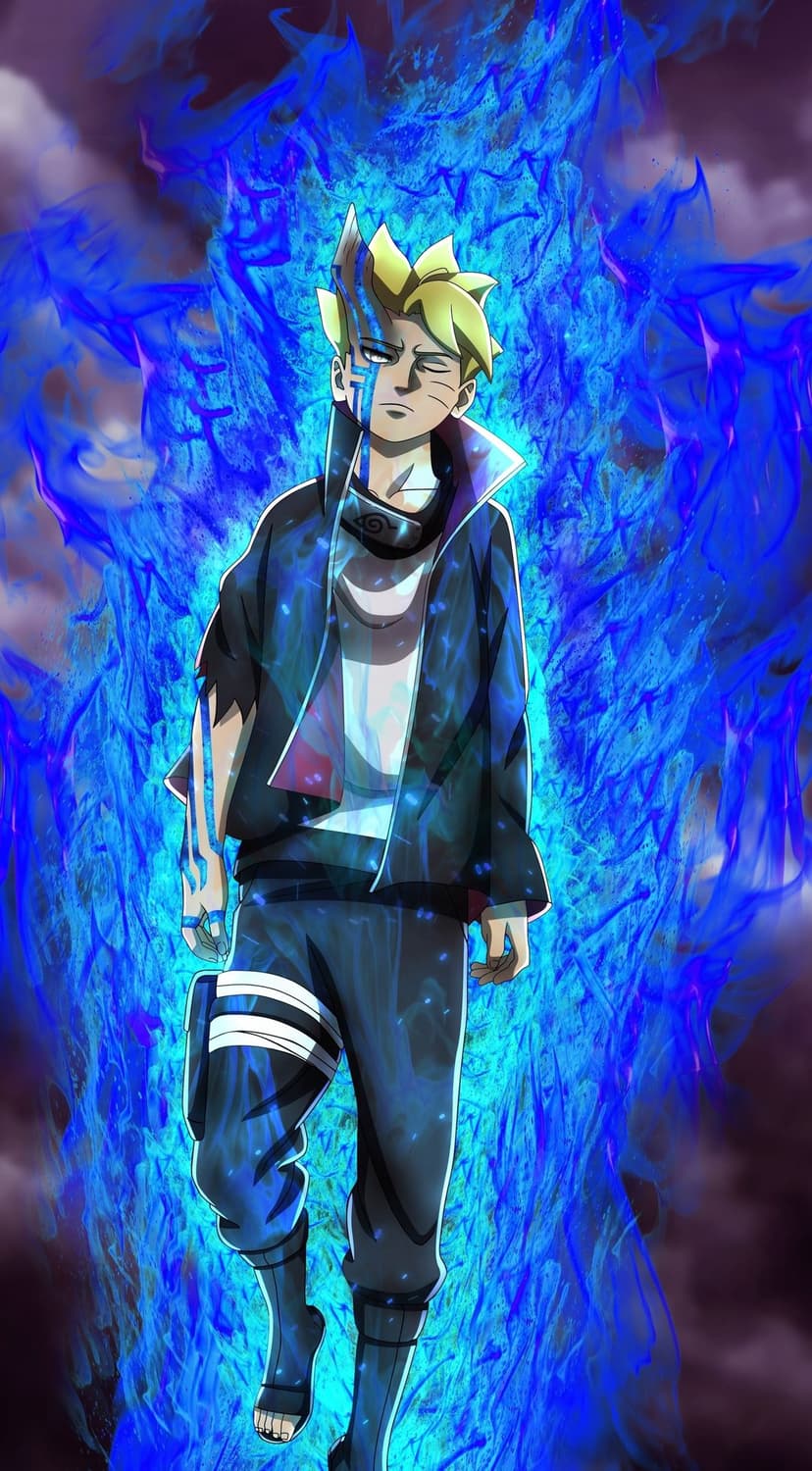 Boruto Uzumaki glows with swirling blue chakra against a dark smoky background in a vertical character portrait.