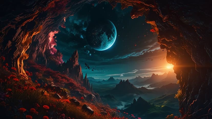 Crimson alien plants and jagged mountains sit beneath a giant blue planet viewed from a dark cave entrance.
