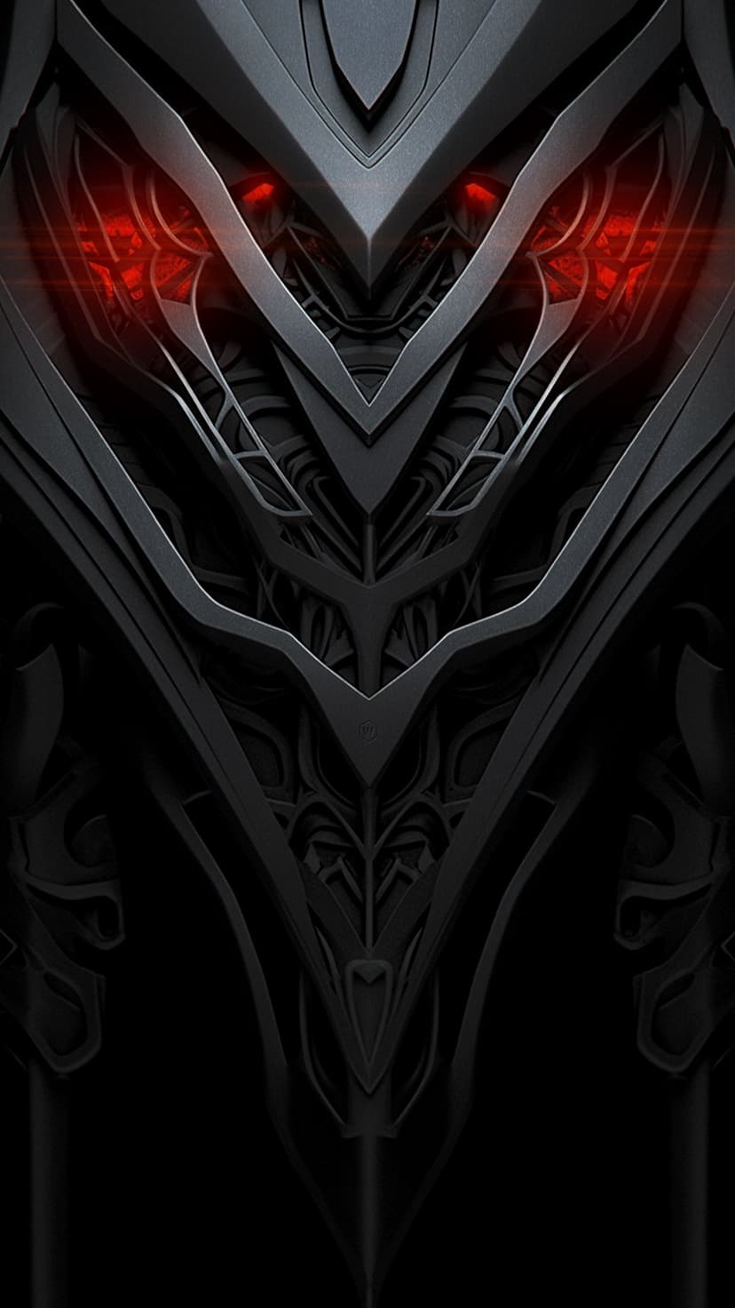 Dark robotic face with sharp metallic plating and two glowing red eyes set against a deep black background.
