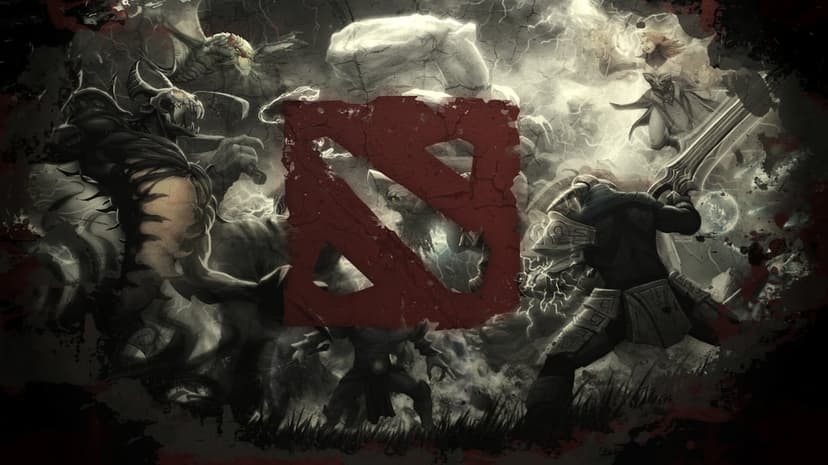Dota 2 heroes Sven and Shadow Fiend flanking a central red game logo on a gritty stone-textured background.