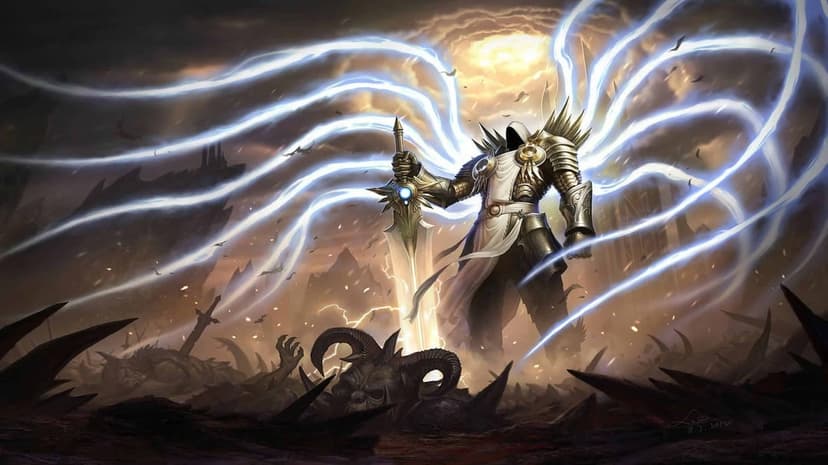 Hooded angel in golden armor holding a glowing sword on a dark demon battlefield with radiant blue light wings.