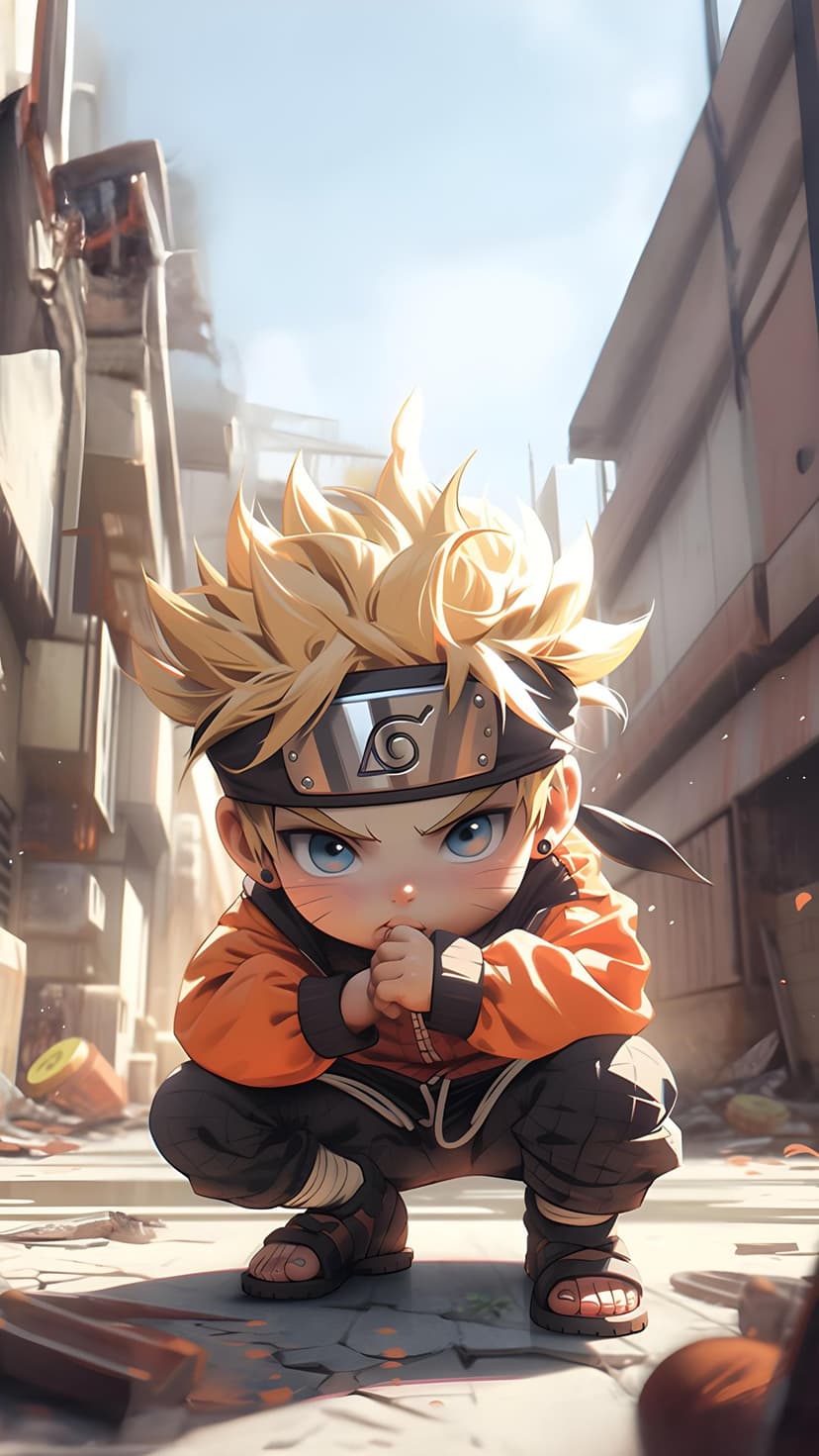 Naruto Uzumaki in a miniature chibi form crouches on cracked pavement wearing a bright orange ninja outfit.
