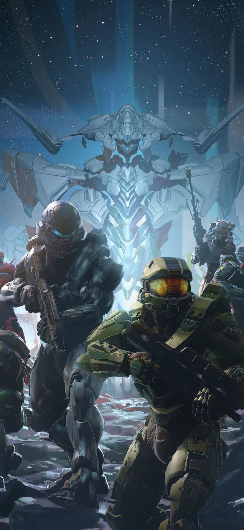 Master Chief and Spartan Locke in armor holding rifles before a glowing Forerunner Guardian and starry sky.