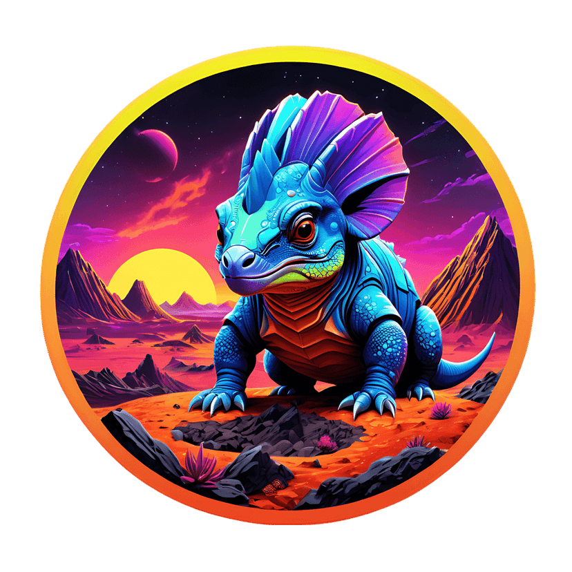Blue triceratops iridescent digital illustration stands on orange sand before jagged mountains and a purple sky.