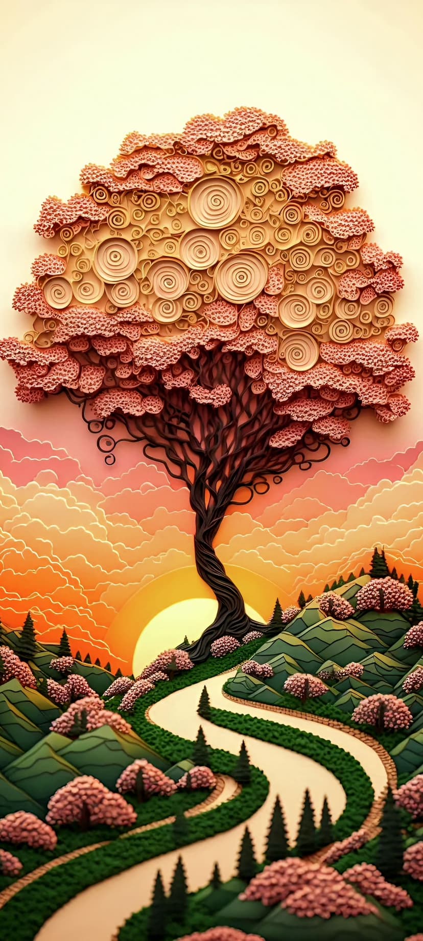 Paper-cut tree with swirling leaves rises from green hills beneath vibrant layered clouds and a radiant sun.