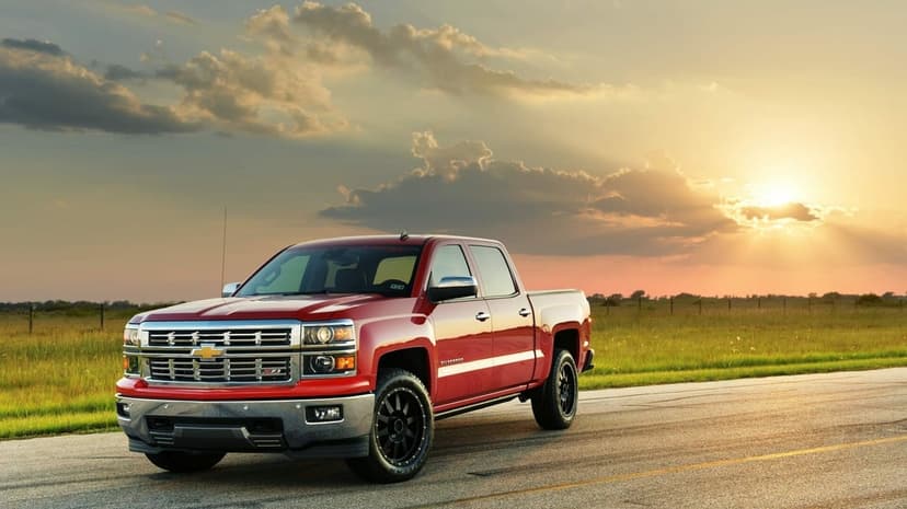 Red Chevrolet Silverado pickup truck on a rural road at sunset with golden light and a dramatic cloudy sky.
