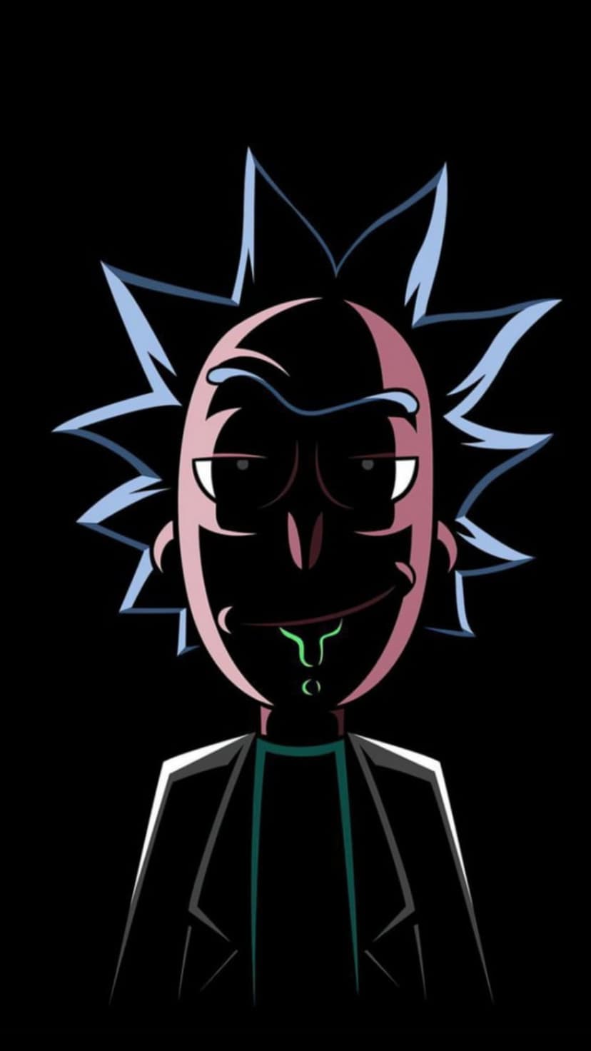 Rick Sanchez silhouette with spiky hair, pink and blue outlines, and green drool on a solid black background.