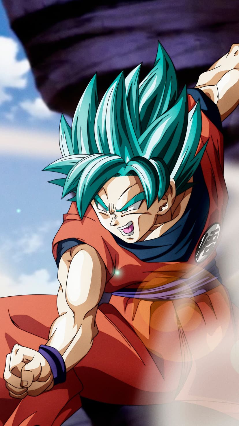 Goku powers up with teal blue hair and a swirling energy aura in a dynamic fighting stance for a phone screen.
