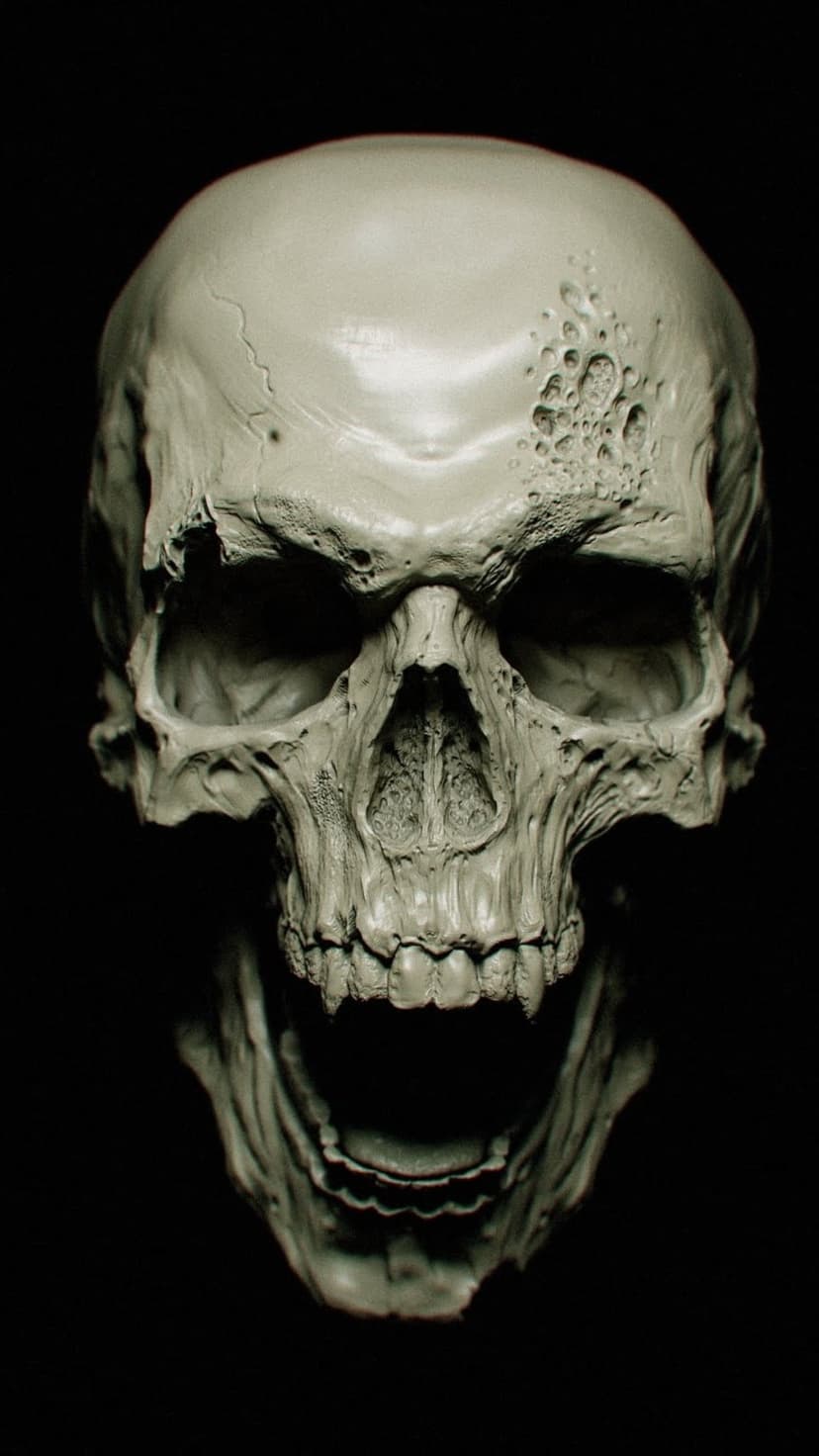 Weathered gray skull sculpture with a wide-open jaw and sharp fangs against a dark, minimalist background.