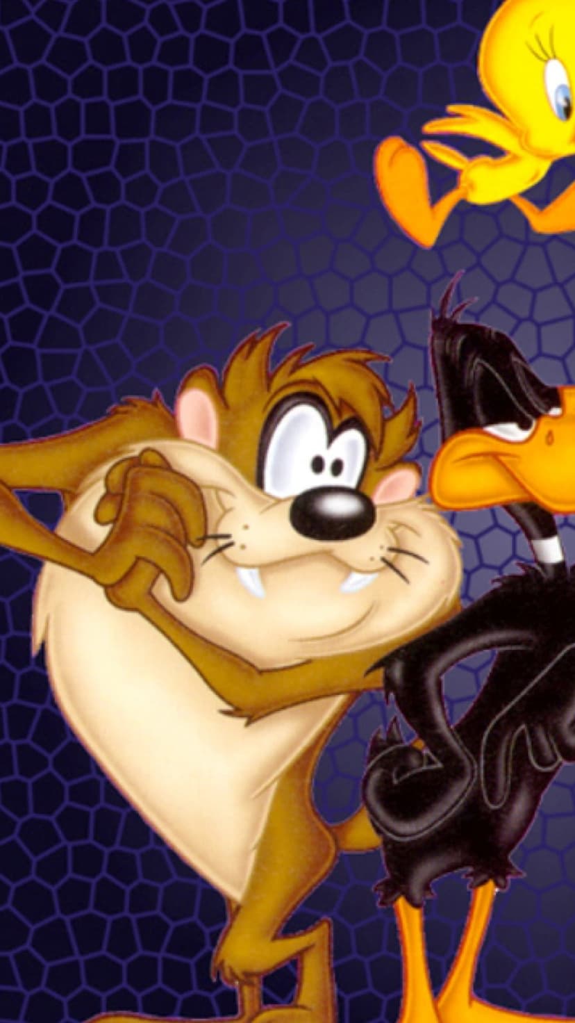 Taz the Tasmanian Devil, Daffy Duck, and Tweety Bird pose with expressive faces on a textured purple background.