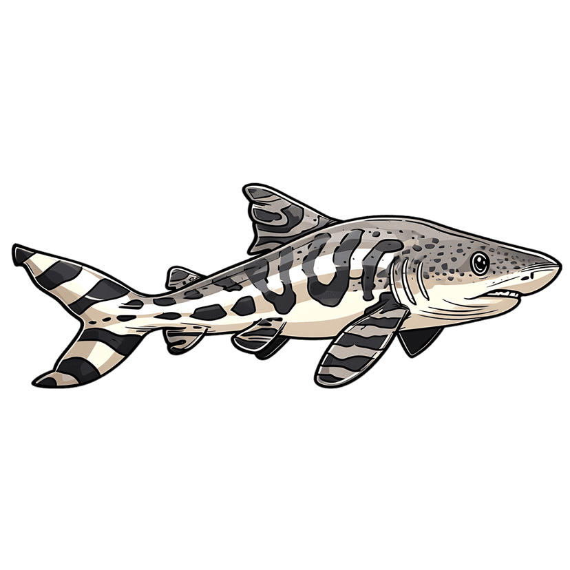 Leopard shark illustration features distinctive black and white stripes and spots against a solid black background.