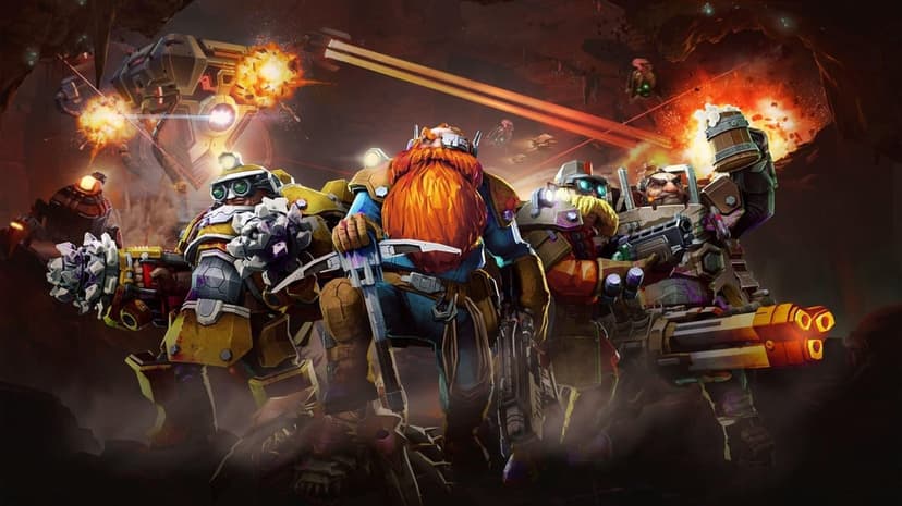 Four dwarves in heavy armor pose with sci-fi weapons in a dark cave illuminated by vibrant orange explosions.