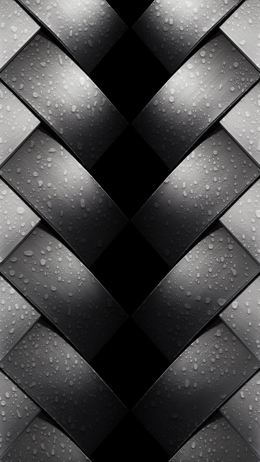 Tiny water droplets cling to a dark interlaced metallic surface with sharp highlights and deep shadows.