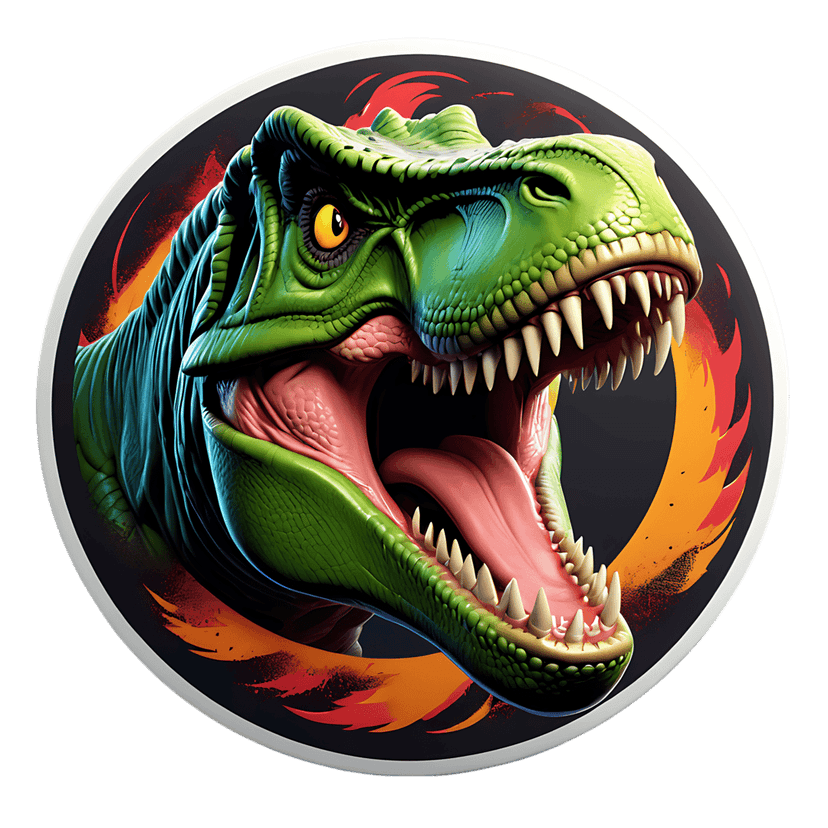Green trex sticker with sharp teeth and yellow eyes is centered on a dark circular frame with red brushstrokes.