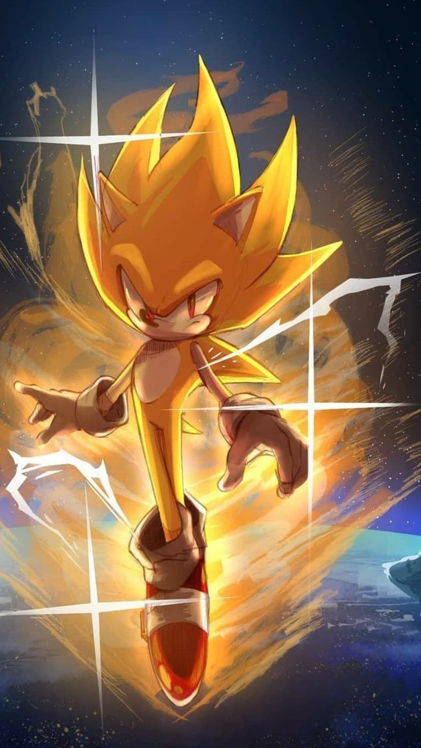 Super Sonic glows with golden energy and a fiery aura against a dark starfield and a curved planetary horizon.