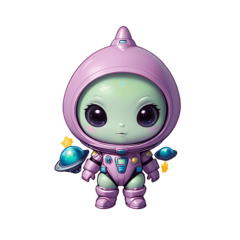 Chibi alien sticker wearing a pink astronaut suit surrounded by teal UFOs and yellow stars on a black background.