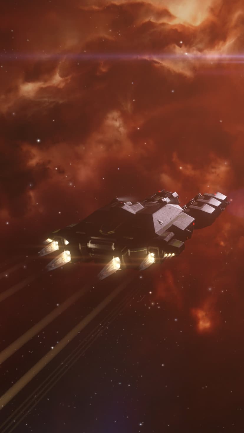 Spaceship with glowing engines flies through a dense orange and red nebula with distant stars and lens flare.