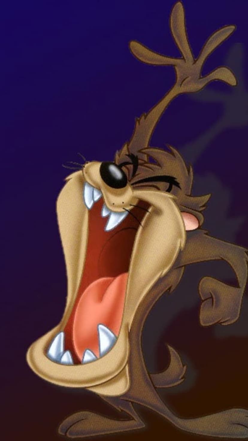 Tazmanian Devil roars with bared teeth and flailing arms in a dynamic pose against a solid background.