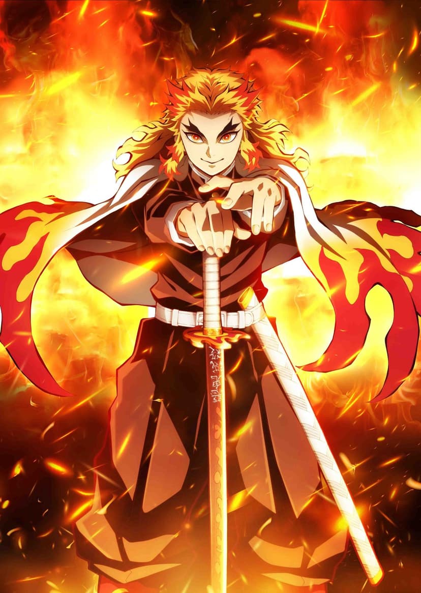 Kyojuro Rengoku holds a katana while surrounded by glowing orange flames and swirling embers in a vertical pose.