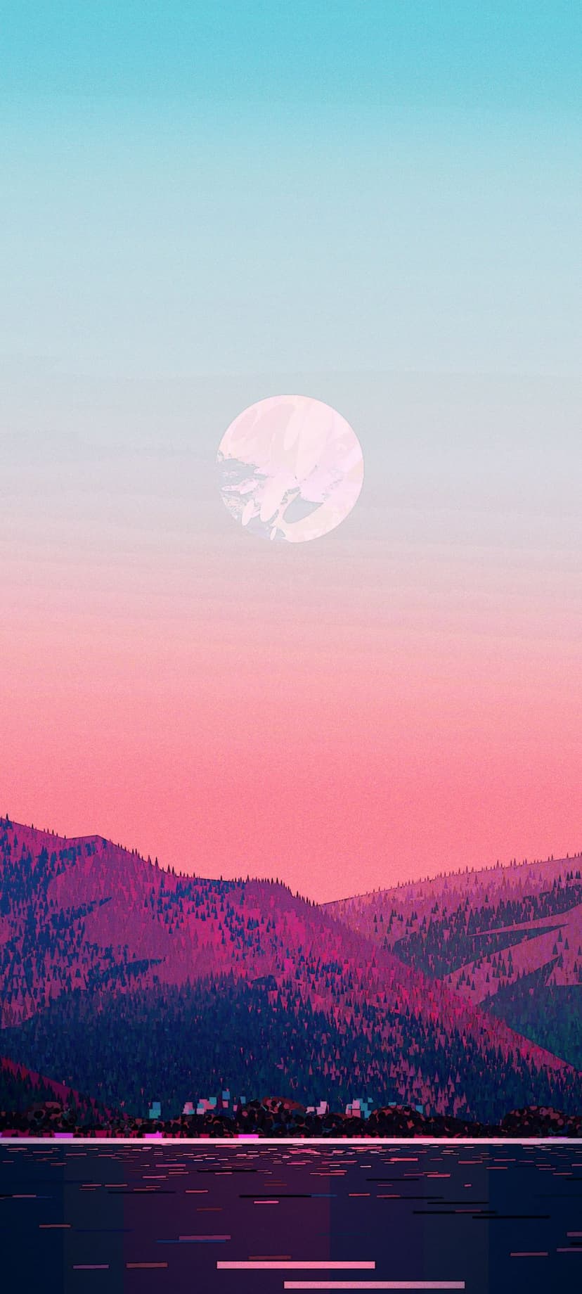 Magenta mountains with evergreen trees stand under a pale moon with pink and purple reflections on dark water.