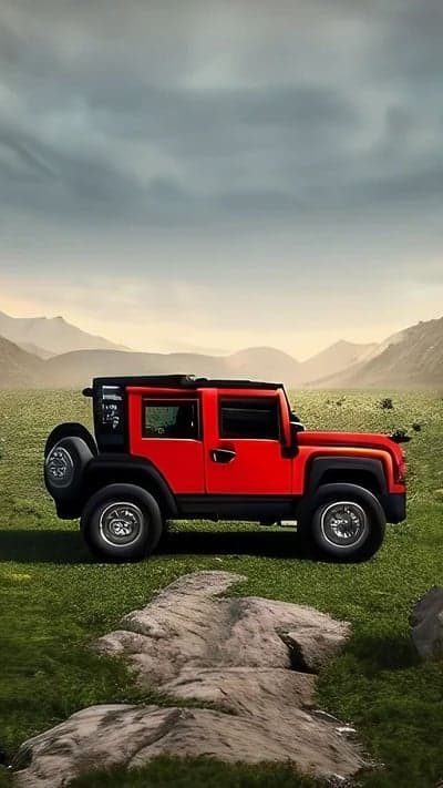 Red Jeep Off-Roading in Grassy Mountains