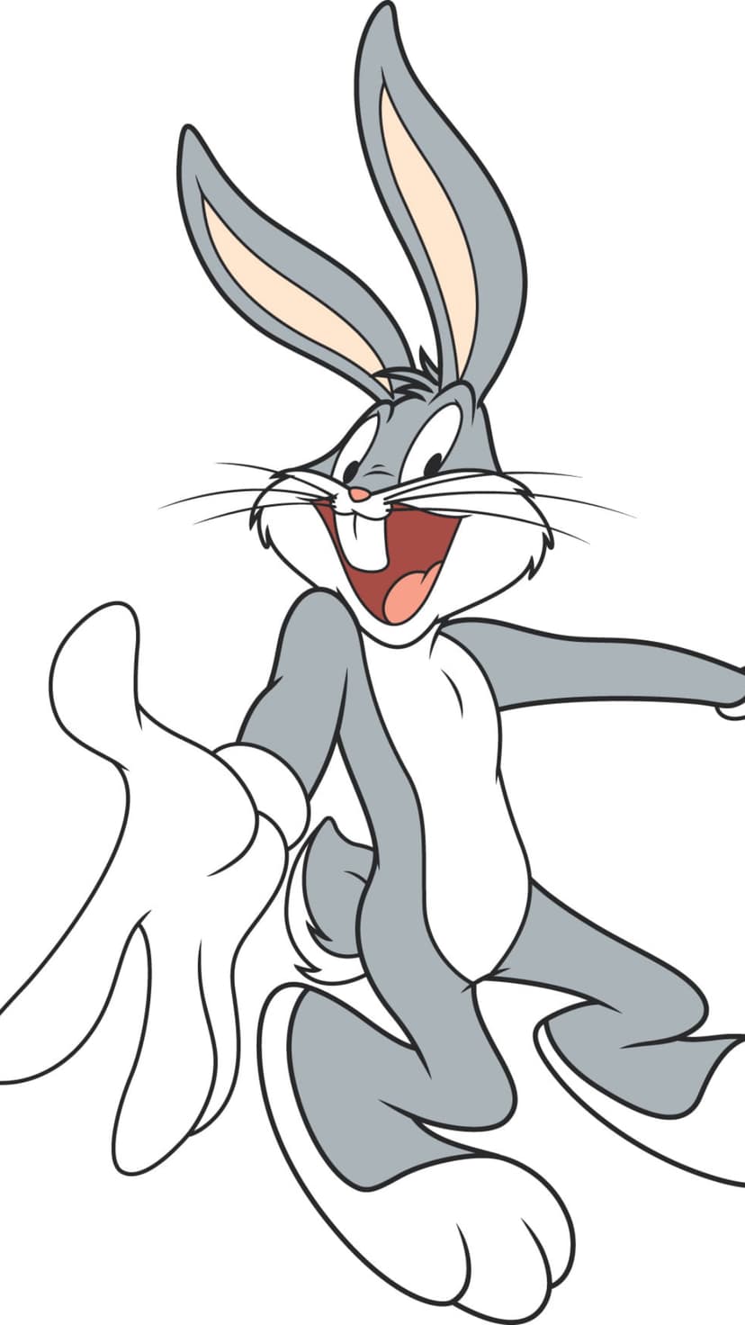 Bugs Bunny waving with a cheerful smile while wearing white gloves, set against a simple vertical background.