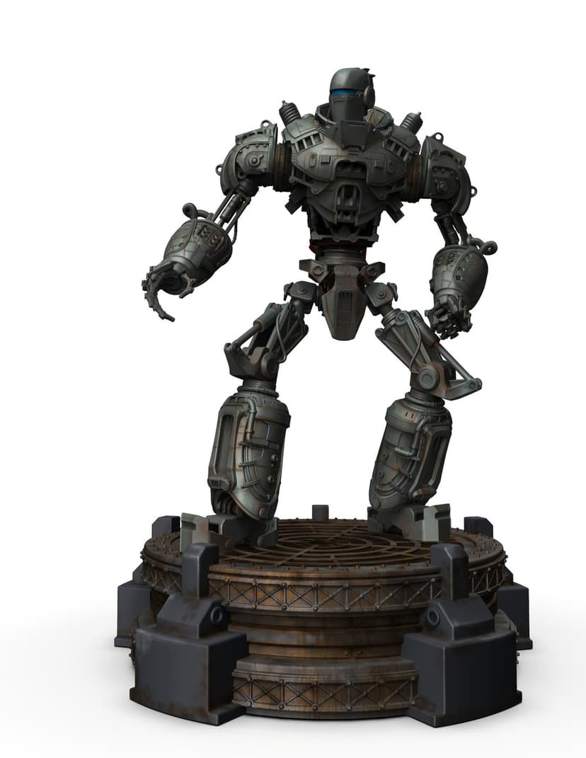 Massive bipedal robot with a blue visor stands on an industrial base against a plain white background.
