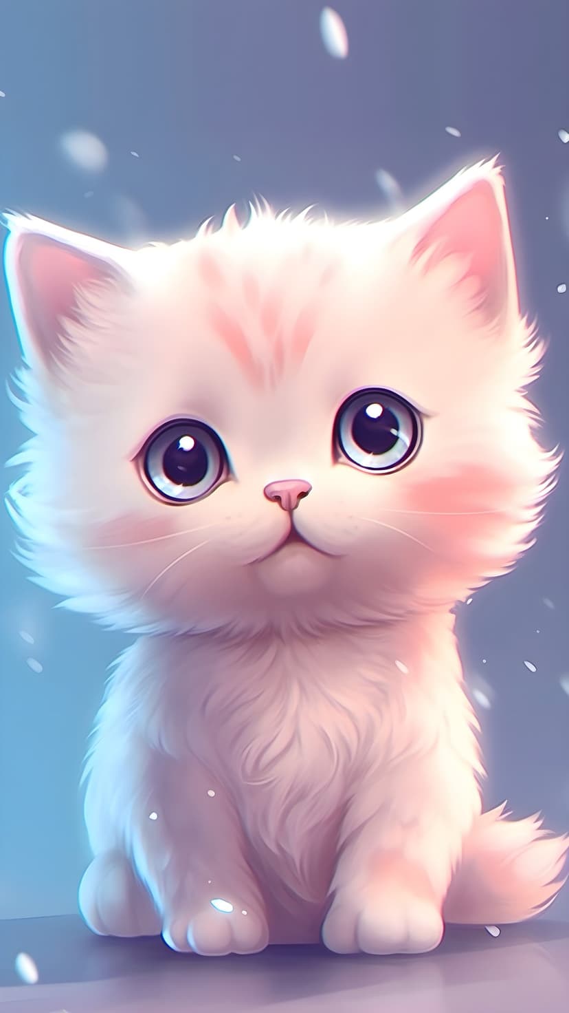 White fluffy kitten with large blue eyes and pink cheeks sits against a soft blue snowy background.