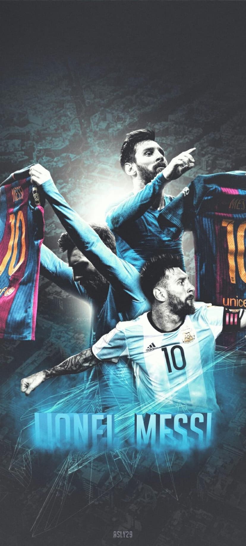 Lionel Messi wears Barcelona and Argentina jerseys in a multi-image collage showing dynamic action poses.
