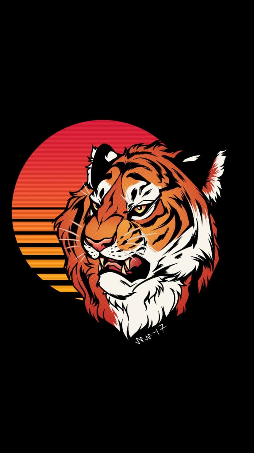 Snarling tiger head with visible fangs centered against a background of horizontal orange and red sun stripes.