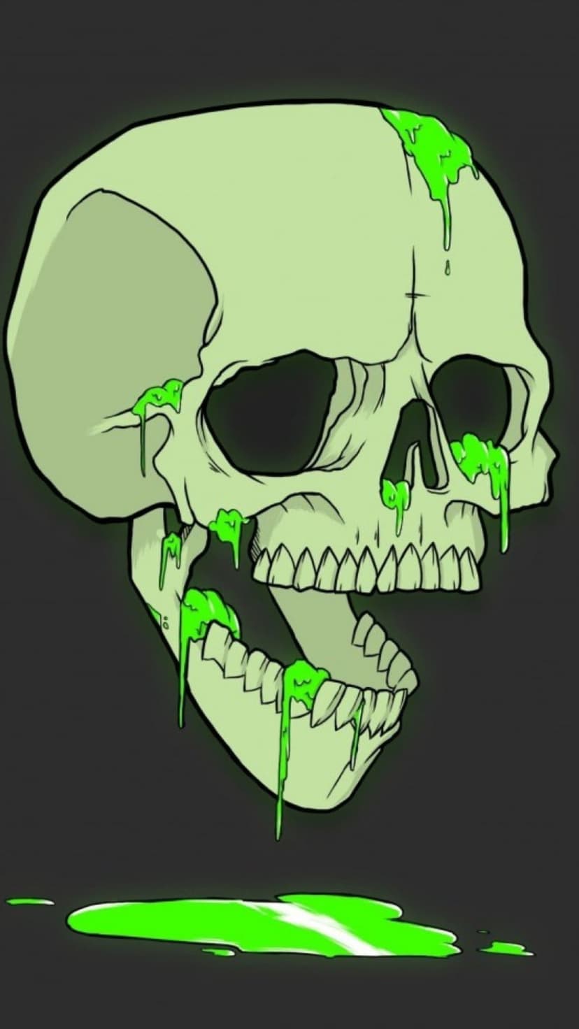 Pale green skull with neon slime dripping from eye sockets and jaw against a minimalist dark gray background.