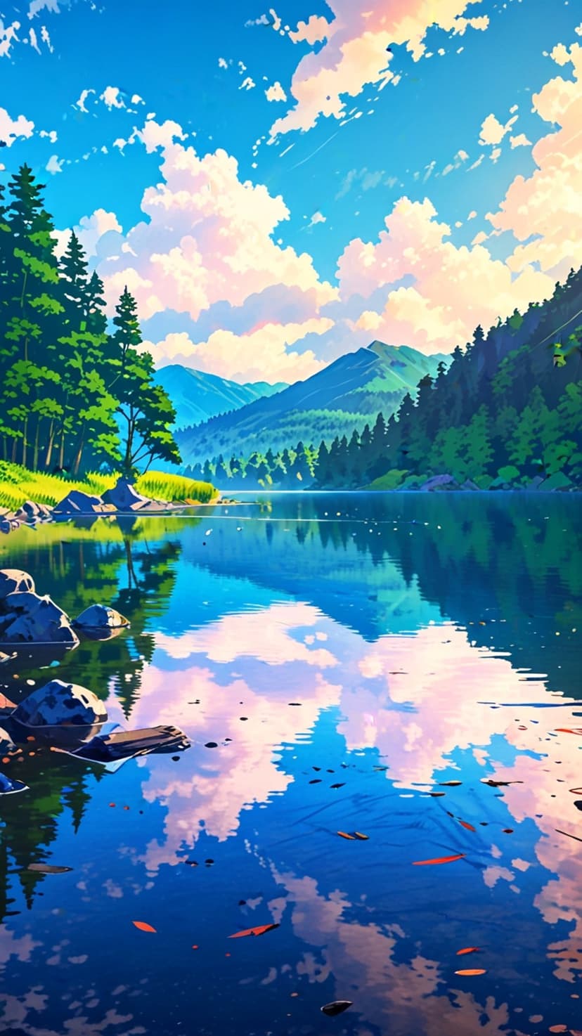 Green trees and blue mountains reflect in a clear lake beneath a sky filled with soft pink and white clouds.