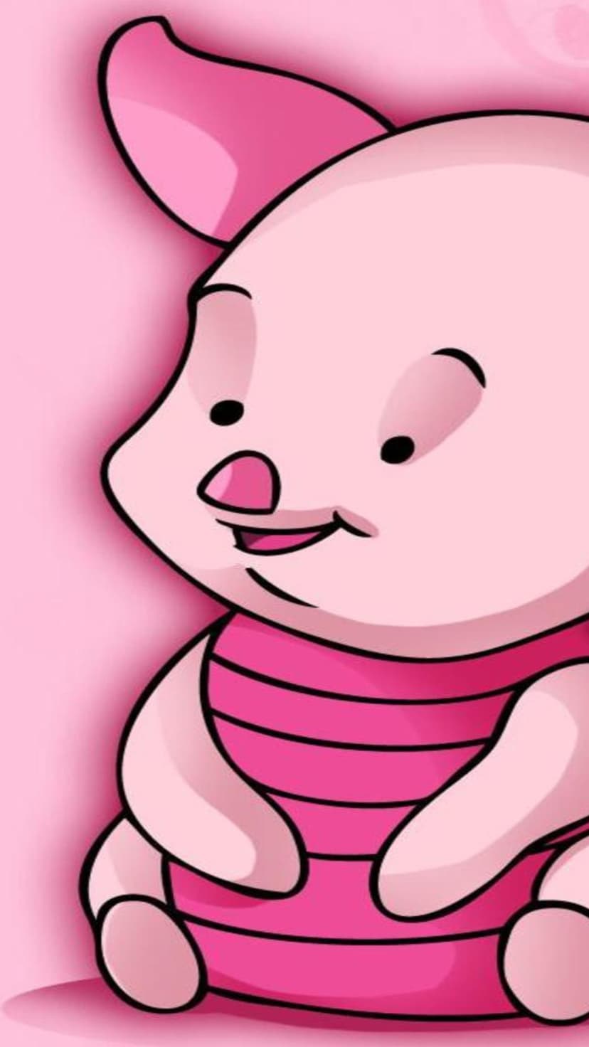 Piglet with large pointed ears and a magenta striped tunic smiles softly against a solid pastel pink background.