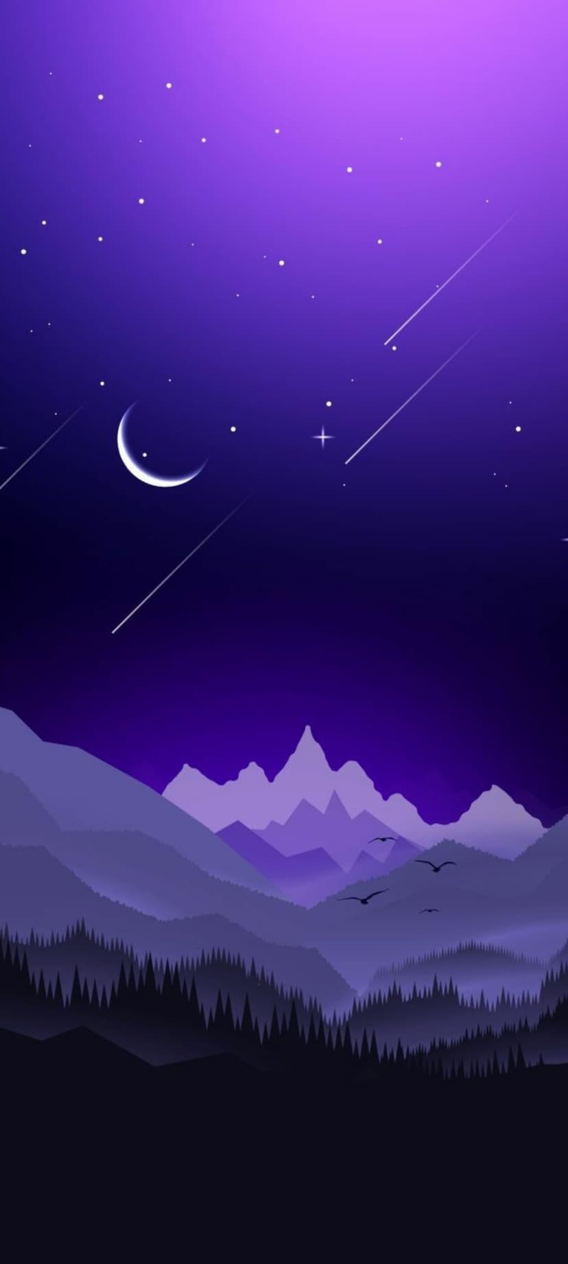 Crescent moon and shooting stars illuminate jagged mountain silhouettes and a pine forest under a purple sky.
