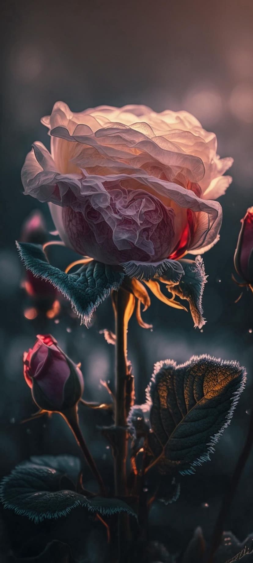 Velvet rose petals with glistening dewdrops glow under warm light against a dark, moody bokeh background.