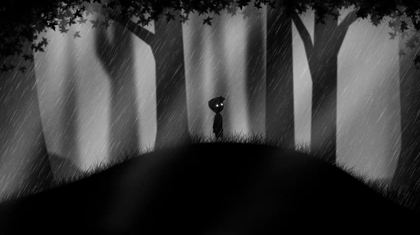 Boy silhouette with glowing eyes on a hill in a rainy, dark forest with tall trees and monochrome tones.