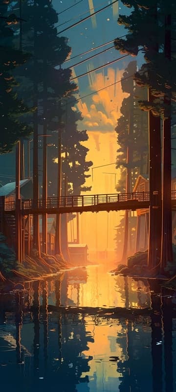 Sunset Bridge Over Waterway in Forest