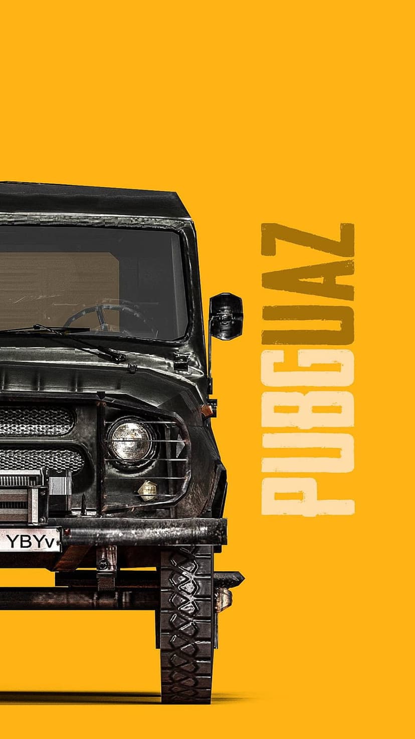 Dark UAZ vehicle front with a winch and grille against a yellow background with PUBG UAZ vertical text.