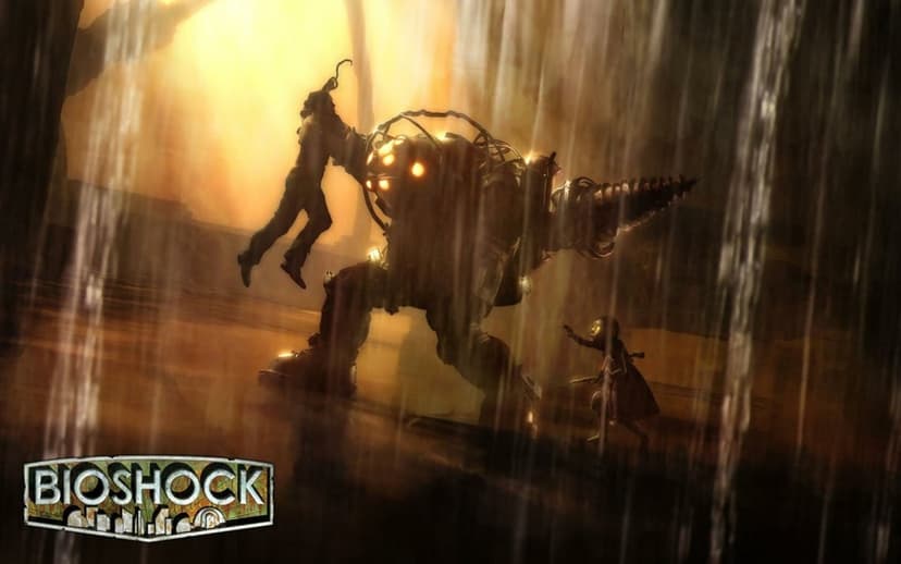Big Daddy Bouncer holds a Splicer in a golden, hazy environment with a Little Sister nearby and rain effects.