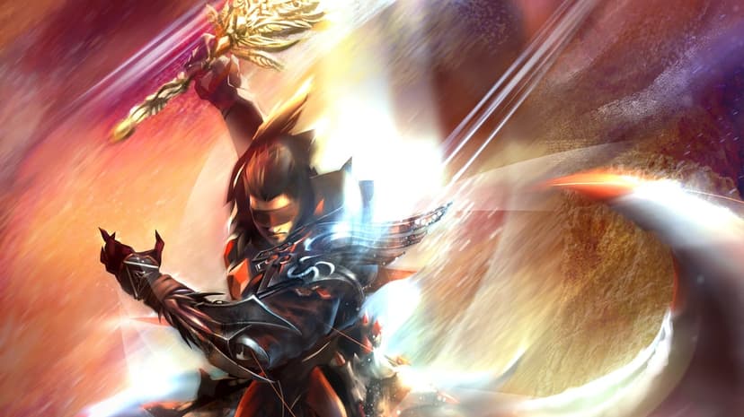 Fantasy warrior in dark armor holds a glowing golden sword amidst bright light flares and motion blur effects.