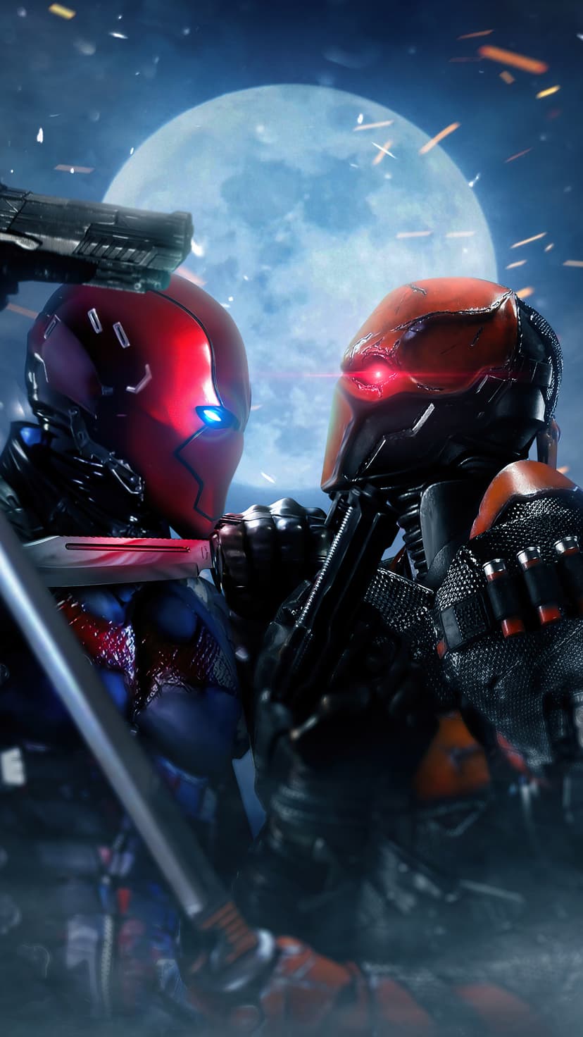 Two Red Hood vigilantes face off under a glowing moon with flying sparks and luminous red and blue helmet lenses.