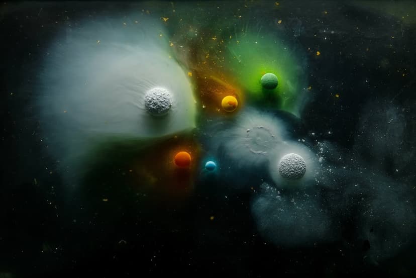 Bright green and orange nebular clouds drift around several spheres in a star-filled vertical space scene.