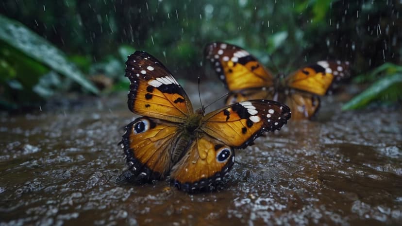 Orange and black butterflies rest on wet soil with raindrops falling against a backdrop of blurry green leaves.