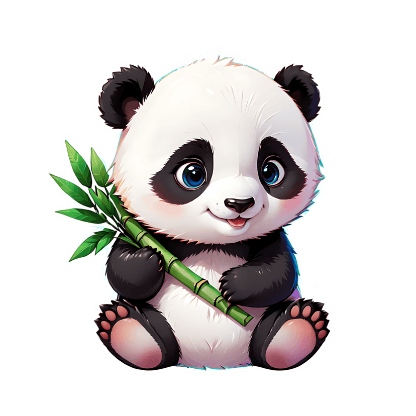 Panda sticker illustration depicts a baby animal with fluffy fur and blue eyes holding a green bamboo stalk.