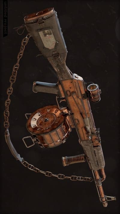 Post-apocalyptic AK-47 with drum magazine and chain