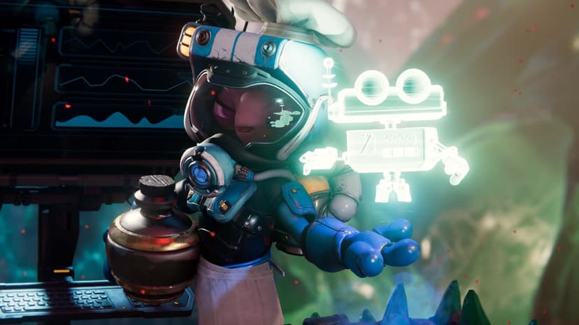 An alien in a blue space suit and chef hat projects a glowing white holographic robot in a high-tech lab environment.