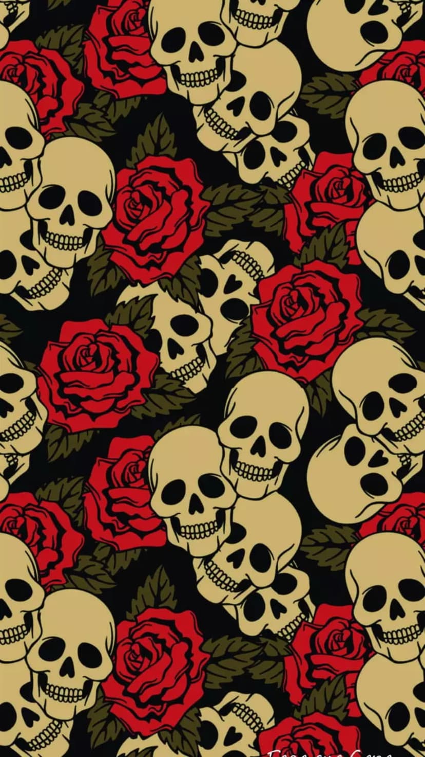 Skulls and red roses arranged in a dense tattoo pattern with bold black outlines and golden ornamental accents.