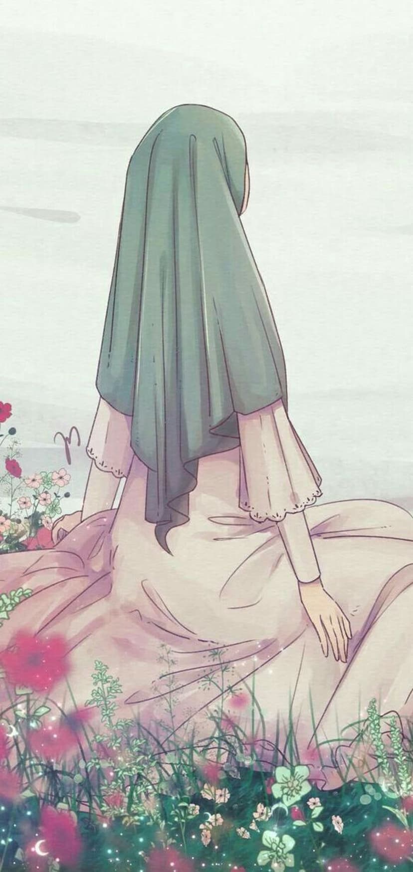 Young woman in a green hijab and pink dress sits in a flower field with glowing stars and soft lighting.