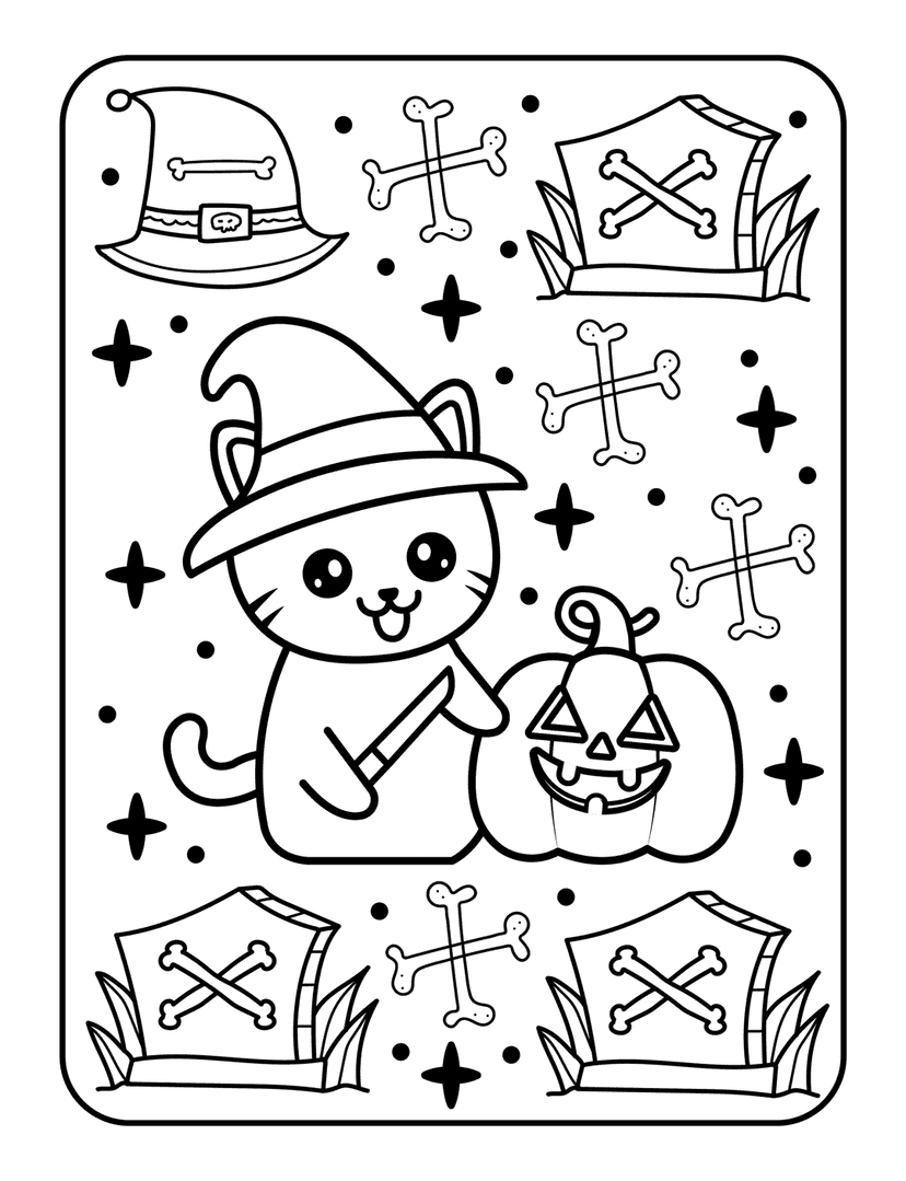 Halloween witch cat line art standing beside a jack-o-lantern with gravestones and stars in the background.